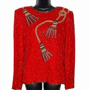 VINTAGE 80s 90s LAURENCE KAZAR SEQUIN BEADED TASSEL BLOUSE TOP FORMAL PARTY P S